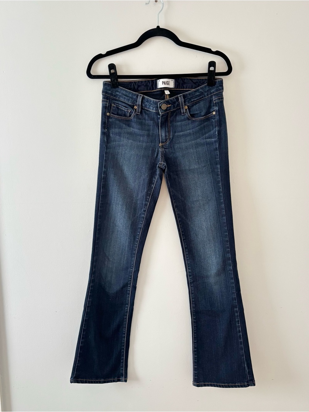 PAIGE Manhattan Bootcut Jean Low Rise Stretch Denim Wide Leg Dark Wash